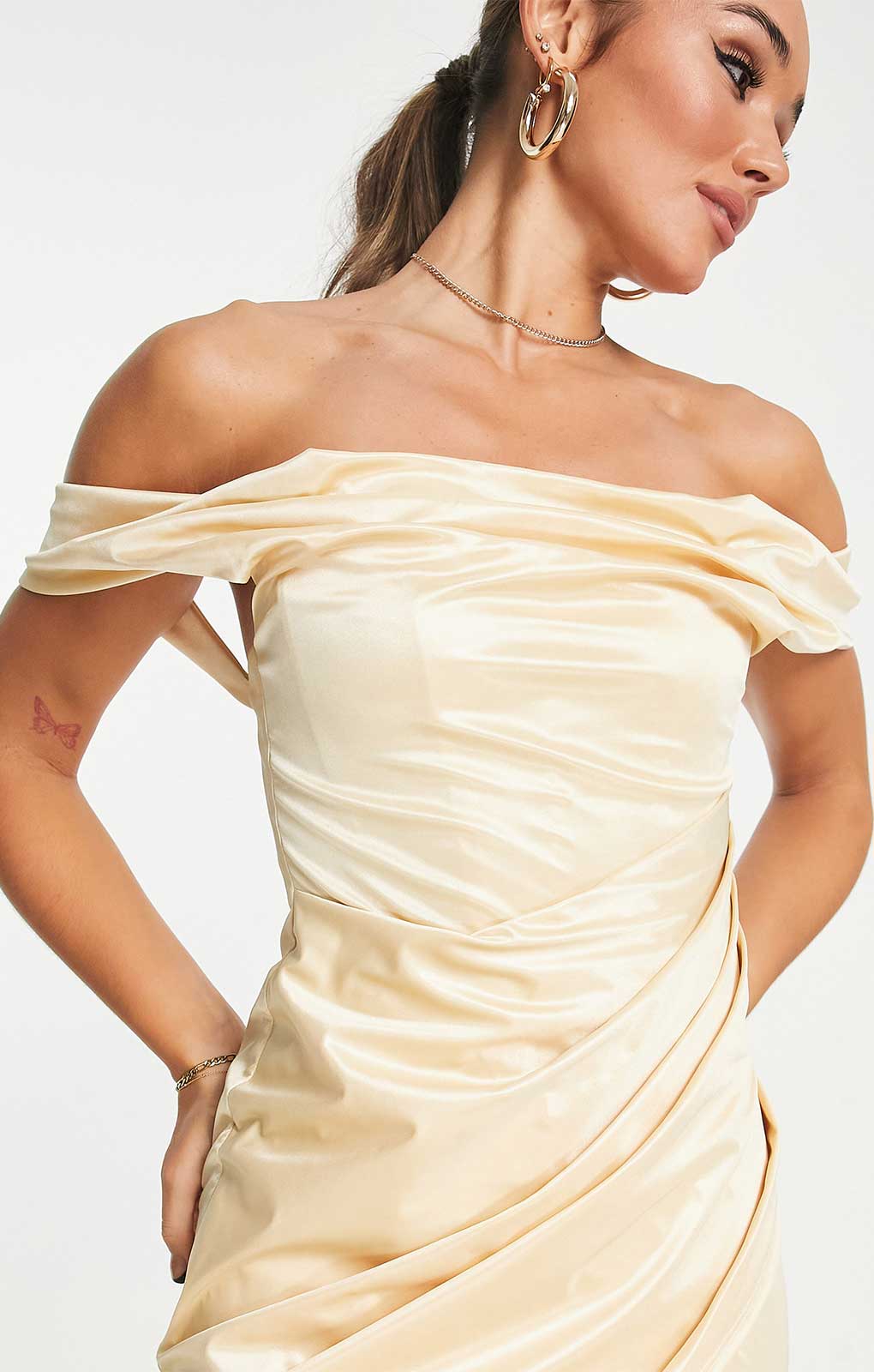 Asos Design Off Shoulder Bardot Tuck Midi Dress In Satin Gold