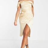 Asos Design Off Shoulder Bardot Tuck Midi Dress In Satin Gold