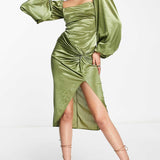 Asos Design Long Sleeve Knot High Split Satin Midi Dress In Olive Green