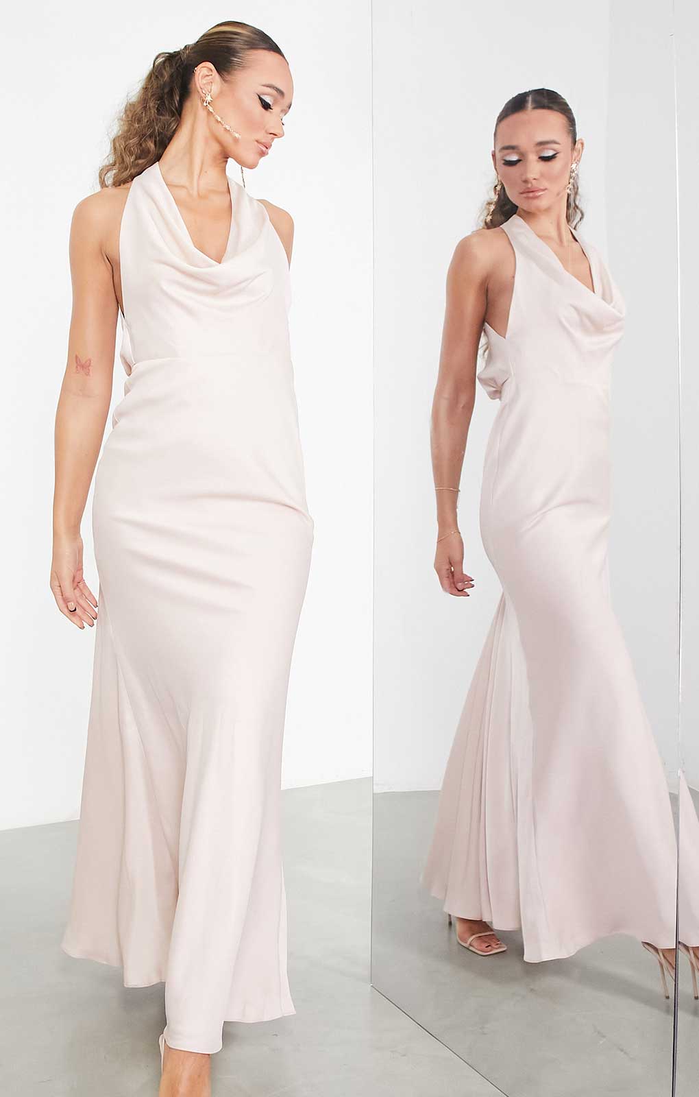 Asos Edition Satin Halter Cowl Maxi Dress In Blush In Light Pink