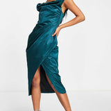 Asos Design Off Shoulder Bardot Boned Tuck Midi Dress In Structured Satin Teal