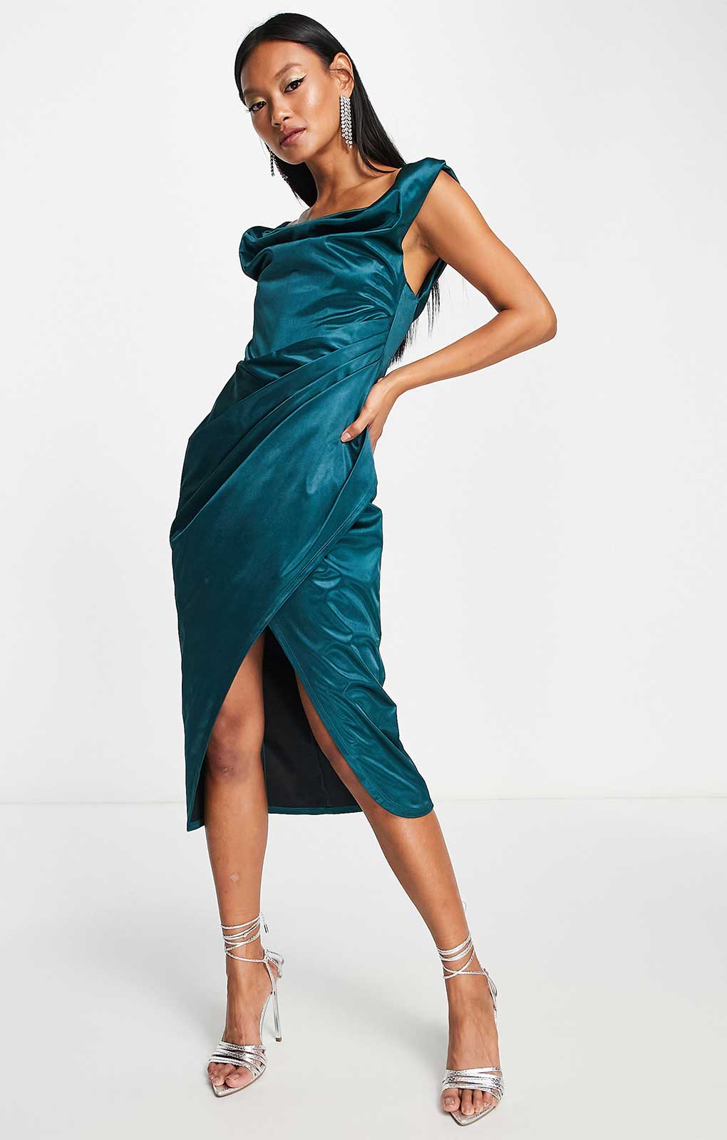 Asos Design Off Shoulder Bardot Boned Tuck Midi Dress In Structured Satin Teal