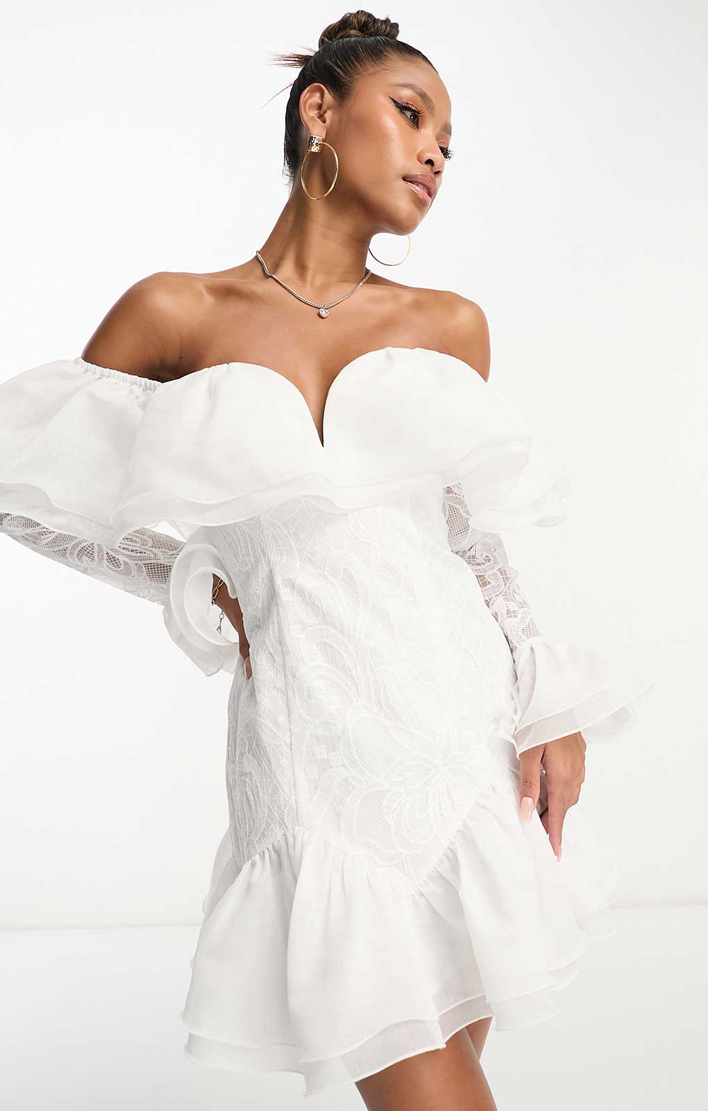 Rent Asos Luxe Off Shoulder Ruffle Embroidered Mini Dress In White Hirestreet