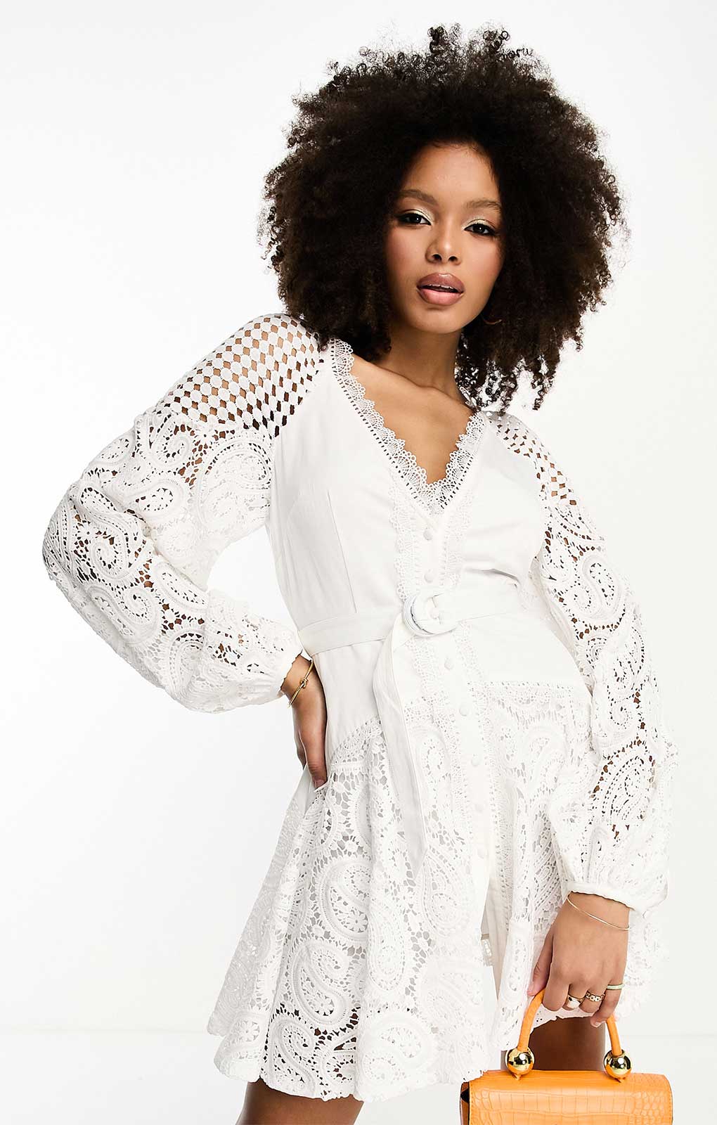 Rent Asos Design Lace Insert Belted Mini Dress With Button Detail In White Hirestreet