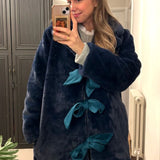 Neon Rose Bow Detail Faux Fur Maxi Coat In Blue