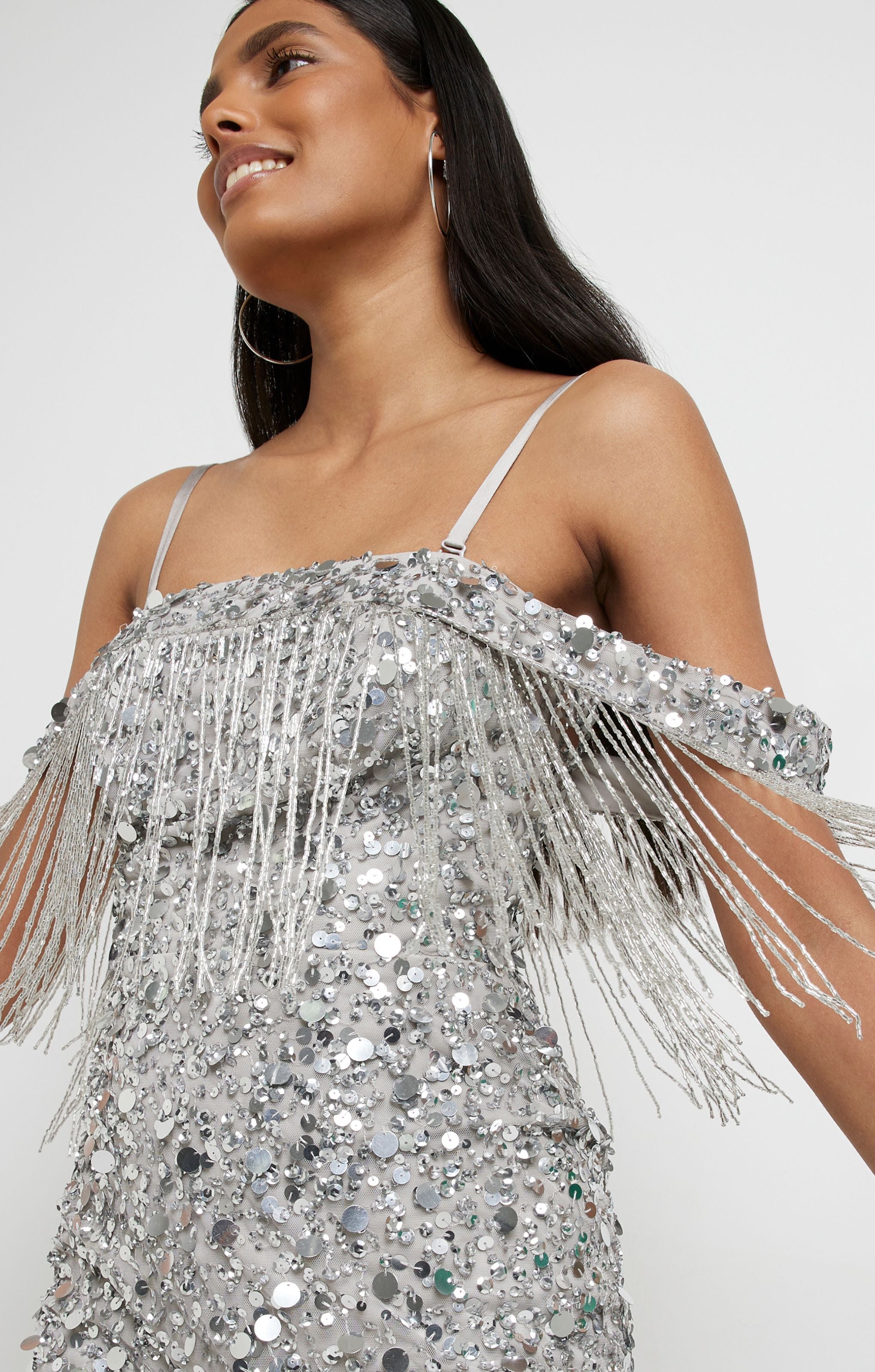 River Island Silver Tassel Bardot Sequin Mini Dress