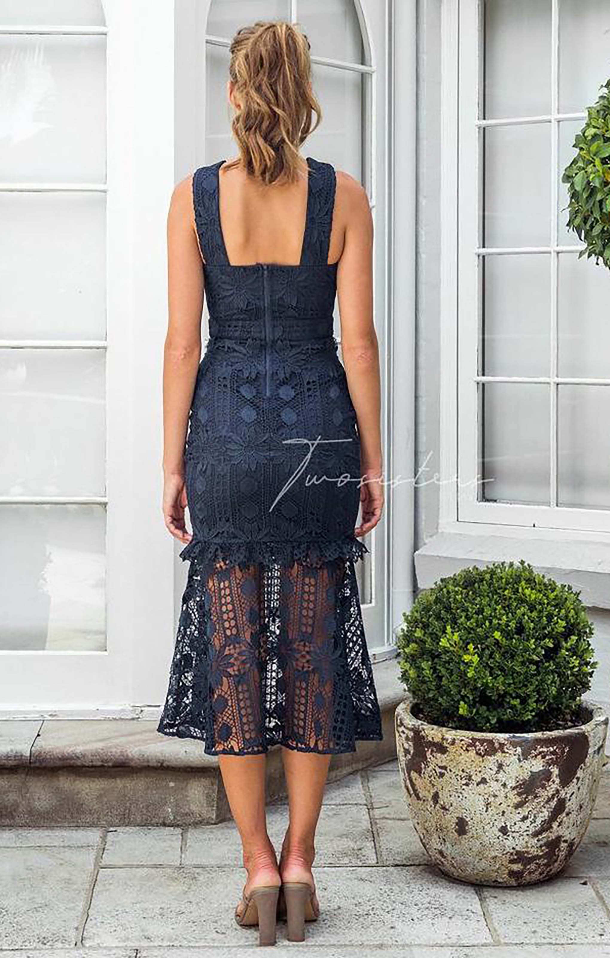 TwoSisters The Label Isabella Navy Crochet Midi Dress