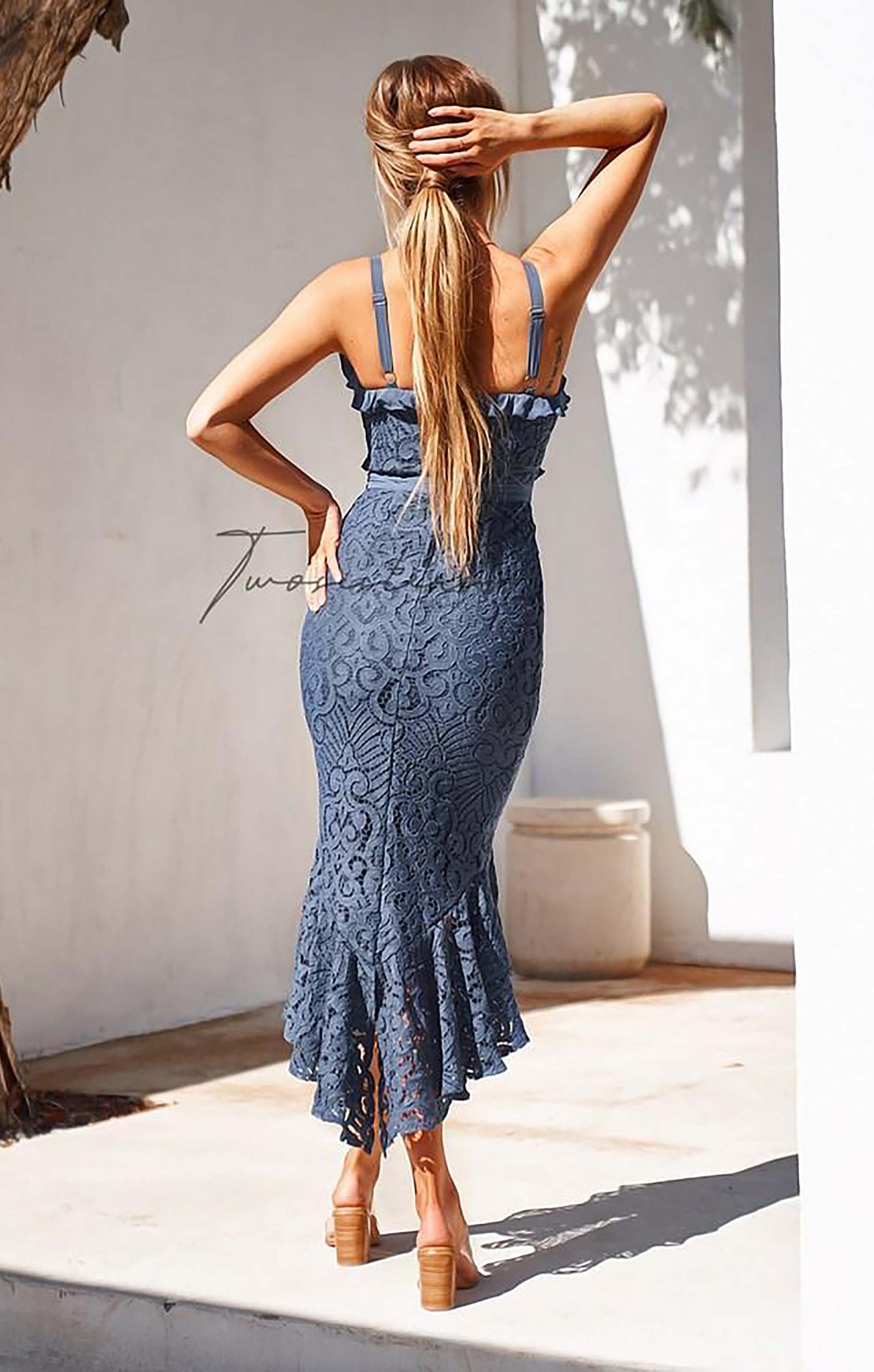 Rent TwoSisters The Label Leanne Blue Crochet Lace Midi Dress Hirestreet