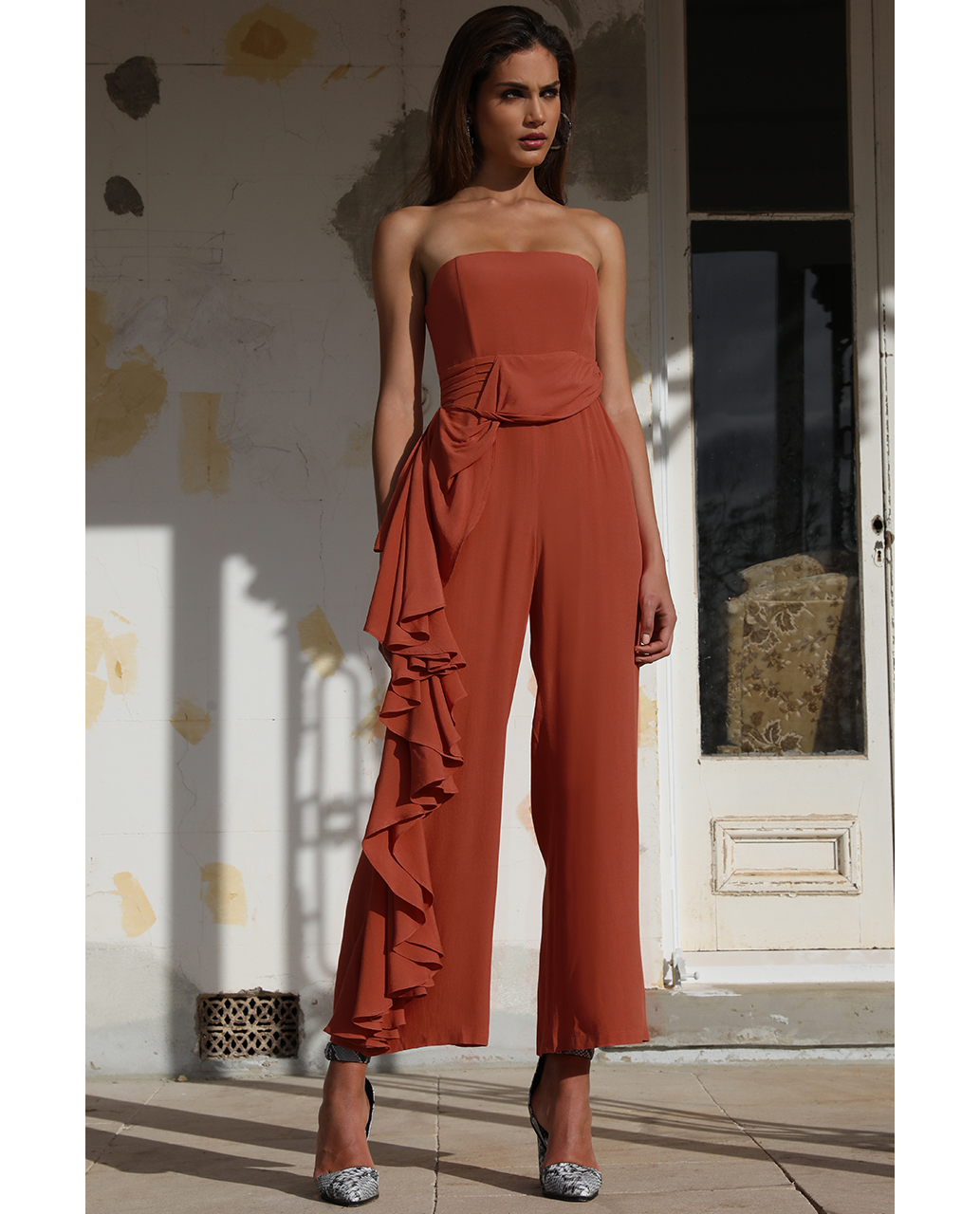 Prem The Label Burnt Strapless Jumpsuit With Side Ruffle