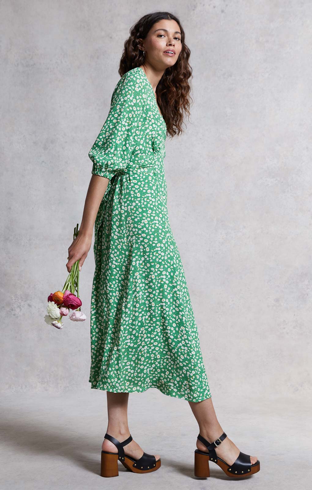 M&S X GHOST Green Floral V Neck Midi Dress