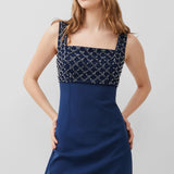 French Connection Embroidered Darcy Crepe Mini Dress in Midnight Blue