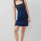 French Connection Embroidered Darcy Crepe Mini Dress in Midnight Blue