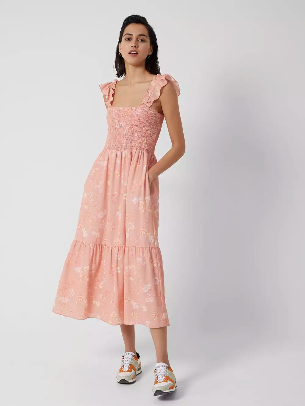 French Connection Diana Verona Drape Frill Dress Coral Pink