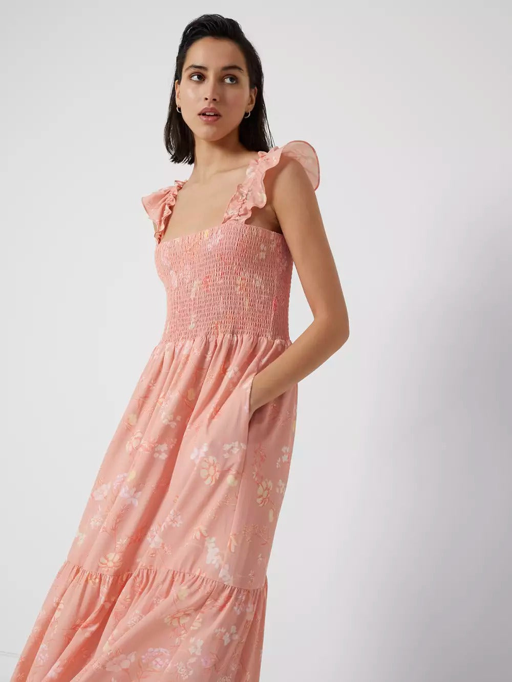 French Connection Diana Verona Drape Frill Dress Coral Pink