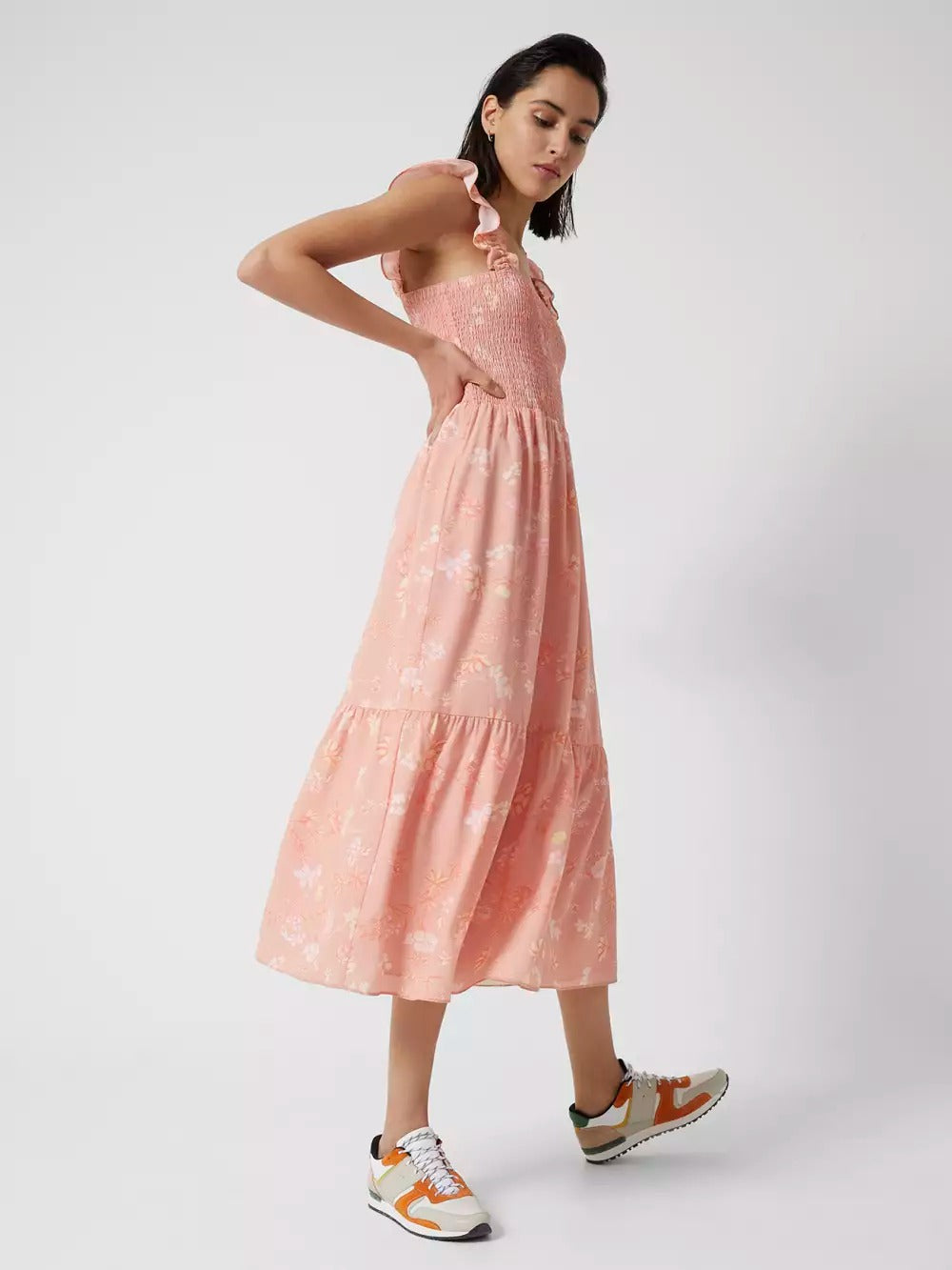 French Connection Diana Verona Drape Frill Dress Coral Pink