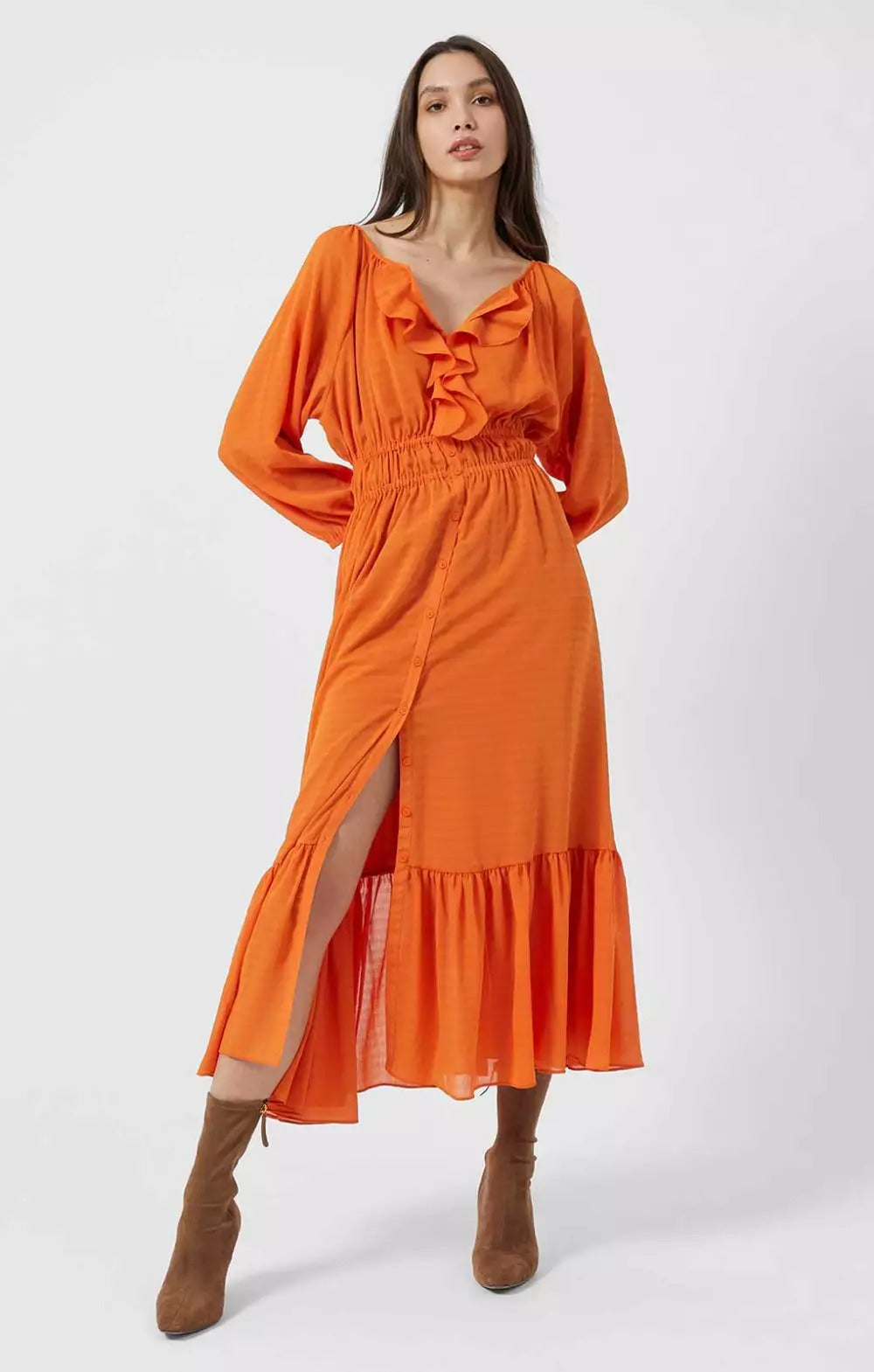 French Connection Anna Cora Pleated Button Down Maxi Dress Orange