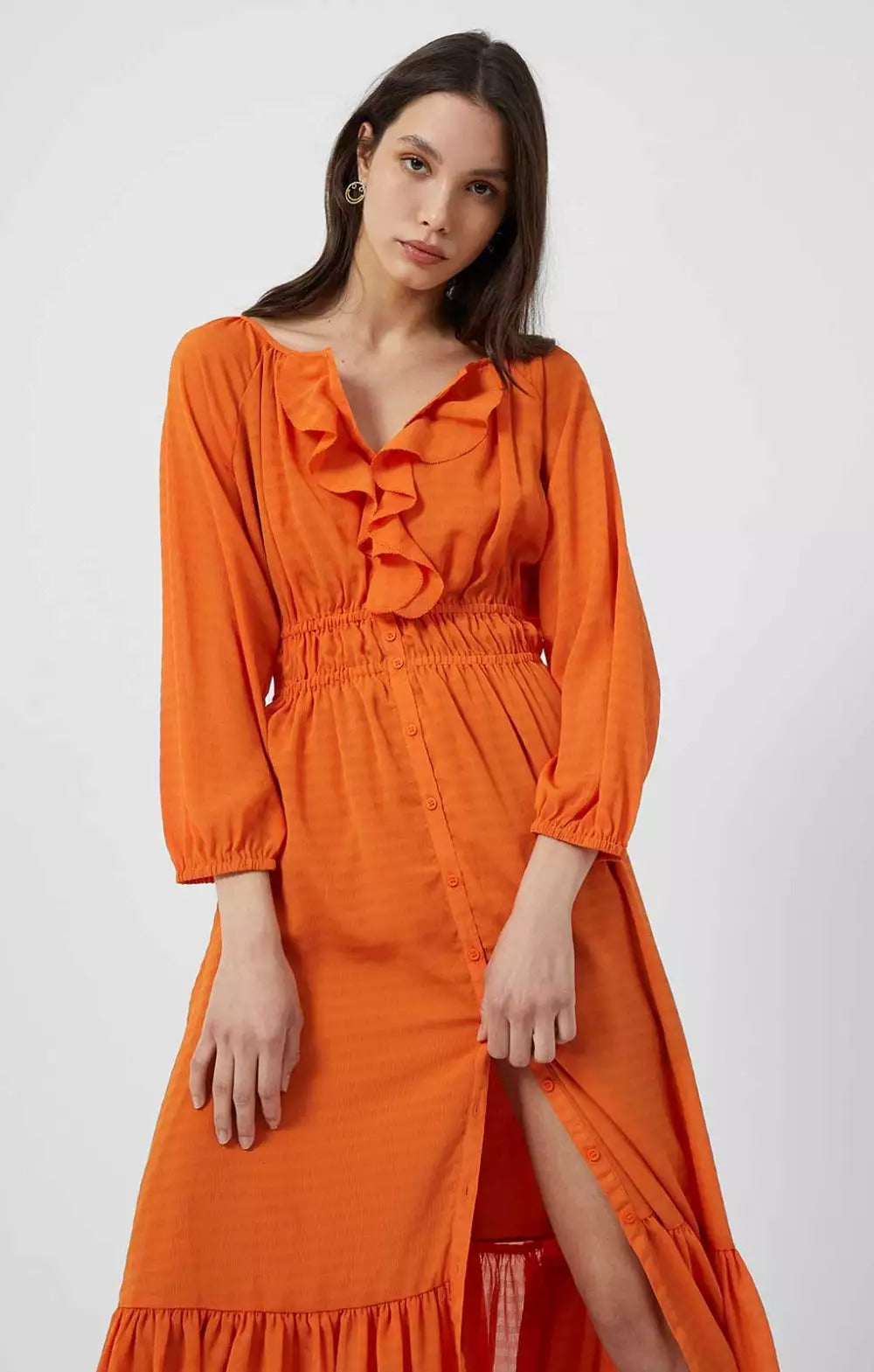 French Connection Anna Cora Pleated Button Down Maxi Dress Orange