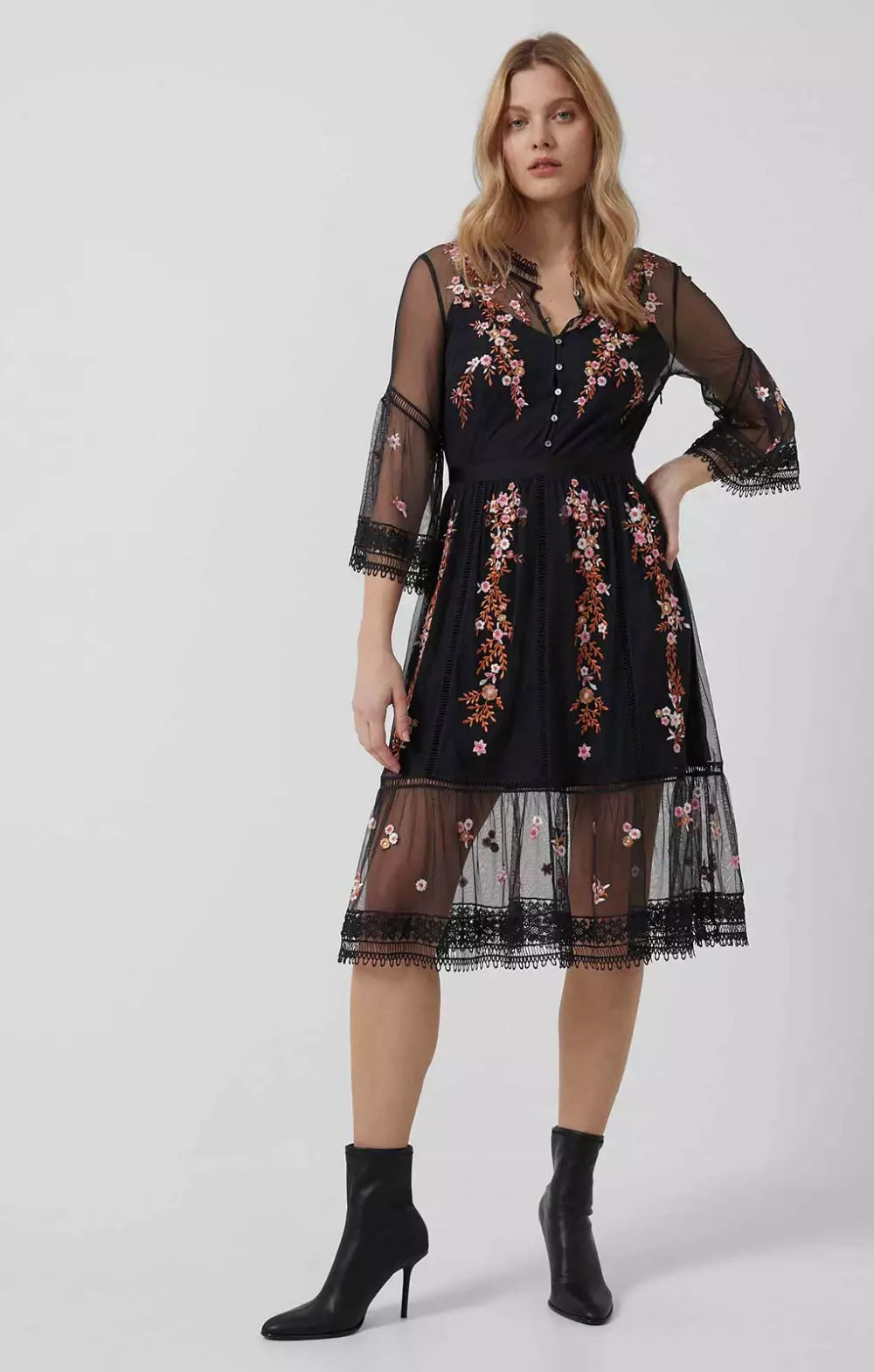 French Connection Arabelle Embroidered V Neck Dress