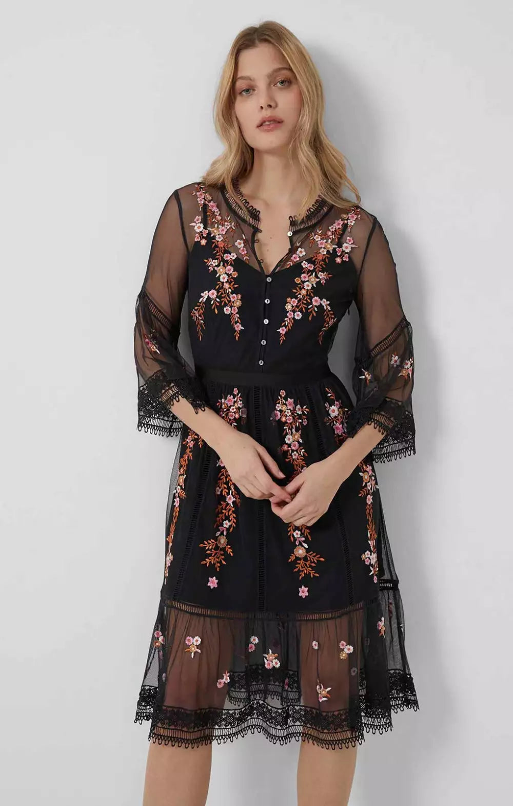 French Connection Arabelle Embroidered V Neck Dress