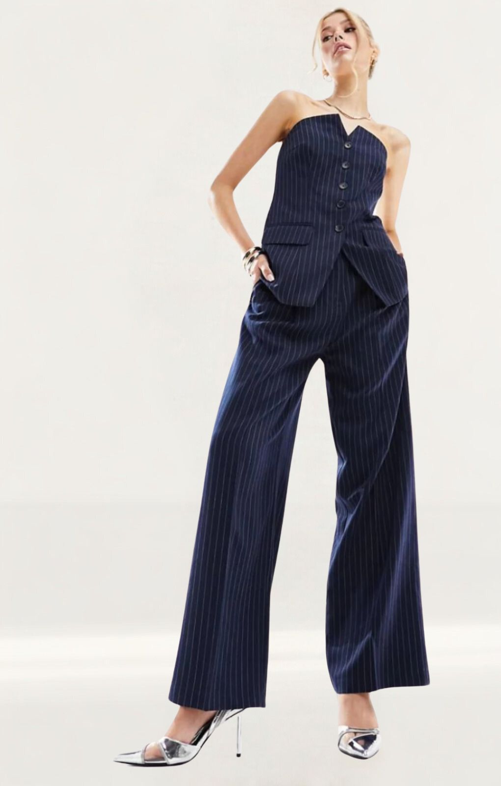 Asos Design Wide Leg Striped Trousers in Navy Pinstripe