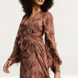 ASOS DESIGN Fluffy V Neck Mini Dress With Tie Waist And Tie Back Detail In Brown