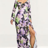 Sisters of the Tribe Floral Print Long Fluted Sleeve Ruffle Maxi Dress In Multi