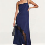 Edited Soft Satin Midi Dress With Lace Insert In Navy