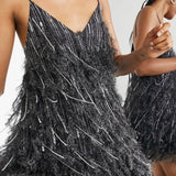 ASOS EDITION Faux Feather & Sequin Mini Dress With Low Back In Charcoal