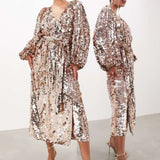 ASOS EDITION Batwing Sleeve Sequin Wrap Midi Dress In Gold