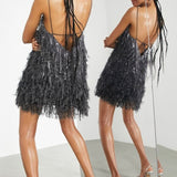 ASOS EDITION Faux Feather & Sequin Mini Dress With Low Back In Charcoal