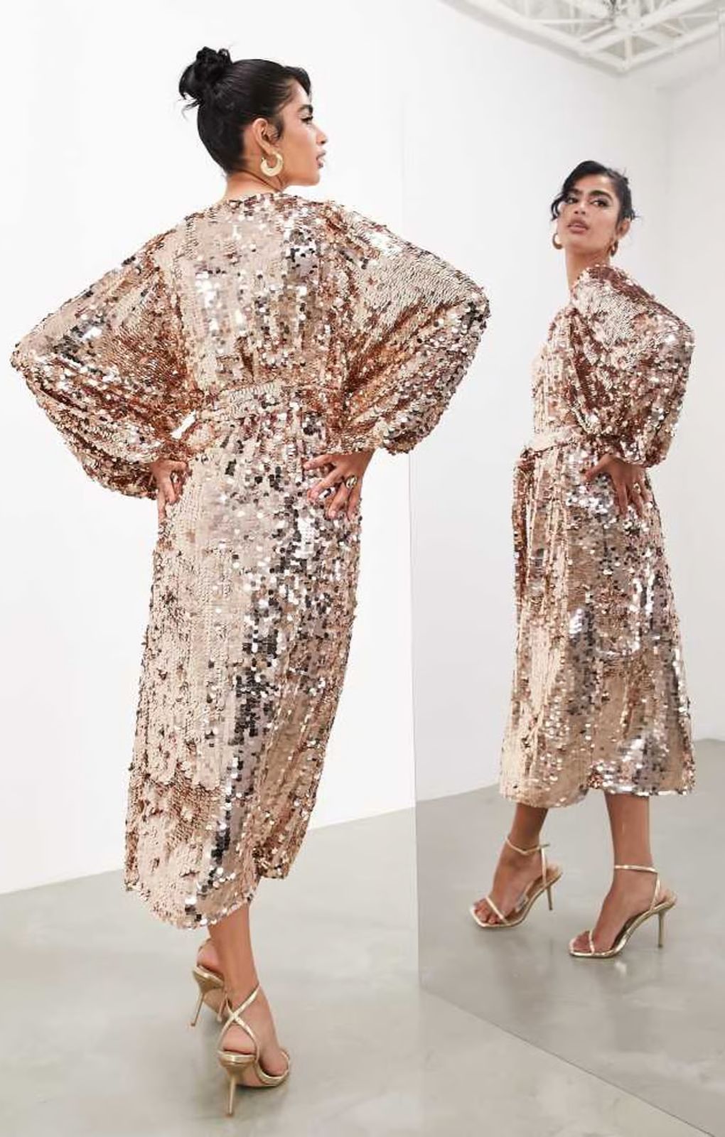 ASOS EDITION Batwing Sleeve Sequin Wrap Midi Dress In Gold