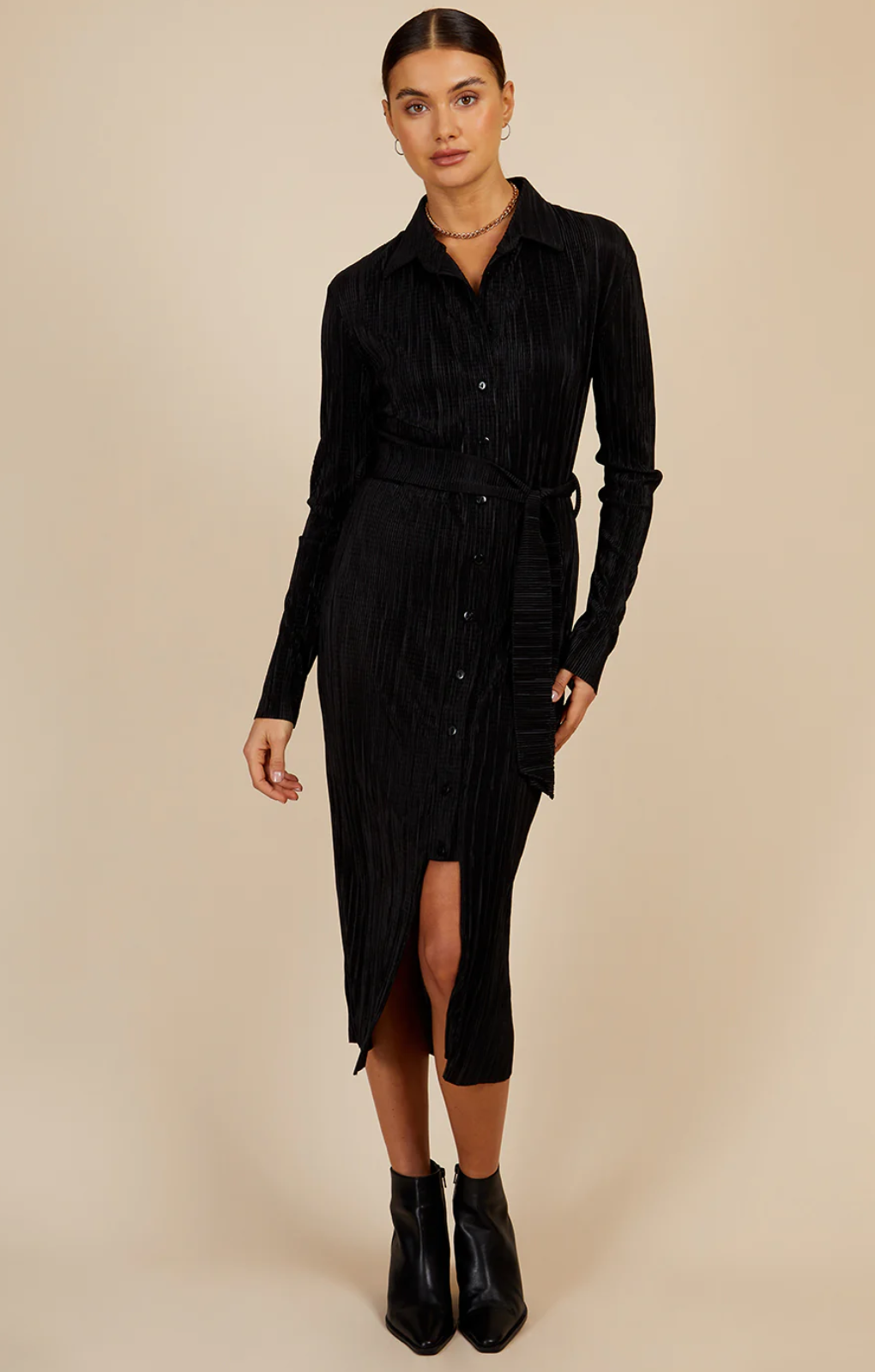 Little Mistress Black Plisse Midi Shirt Dress