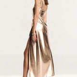 Amy Lynn Lupe Bandeau Maxi Dress With Thigh High Split In Rose Gold