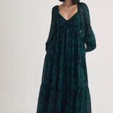 Nobody's Child Emerald Green Floral Balloon Sleeve Char Midi Dress