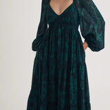 Nobody's Child Emerald Green Floral Balloon Sleeve Char Midi Dress