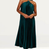 Little Mistress Green Satin Pleated Midaxi Dress