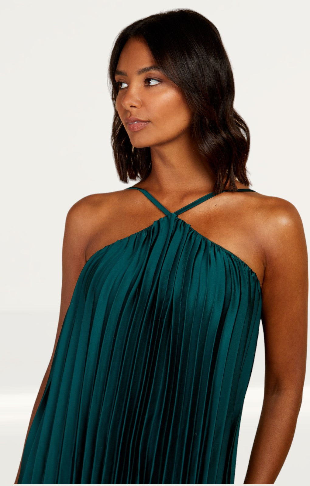 Little Mistress Green Satin Pleated Midaxi Dress