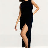 ASOS DESIGN Velvet Drape Midi Dress With Wrap Skirt In Navy