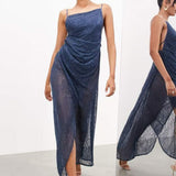 ASOS EDITION Fine Lace Cami Maxi Dress With Drape Detail In Dark Blue