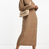 ASOS DESIGN Knitted V Neck Maxi Dress In Rib In Camel