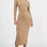 French Connection Button Detail Knitted Midi Dress In Camel