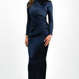 ASOS DESIGN Satin High Drape Neck Maxi With Long Sleeves In Navy