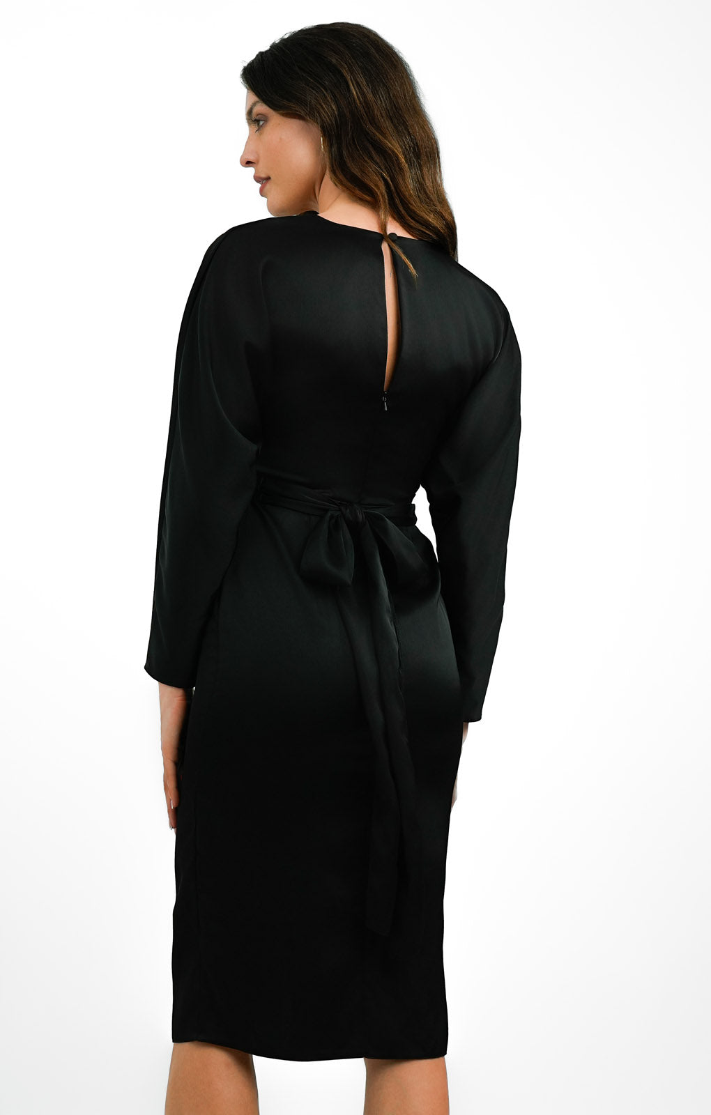 Black Satin Midi Dress Batwing 2024 Sleeve Wrap Waist 4