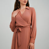 ASOS DESIGN Collared Wrap Midi Dress With Tie Belt In Terracotta