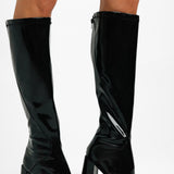 Glamorous Wide Fit Block Heel Knee Boot In Black Patent Stretch