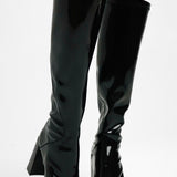 Glamorous Wide Fit Block Heel Knee Boot In Black Patent Stretch