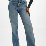 Topshop Straight Kort Jeans In Mid Blue