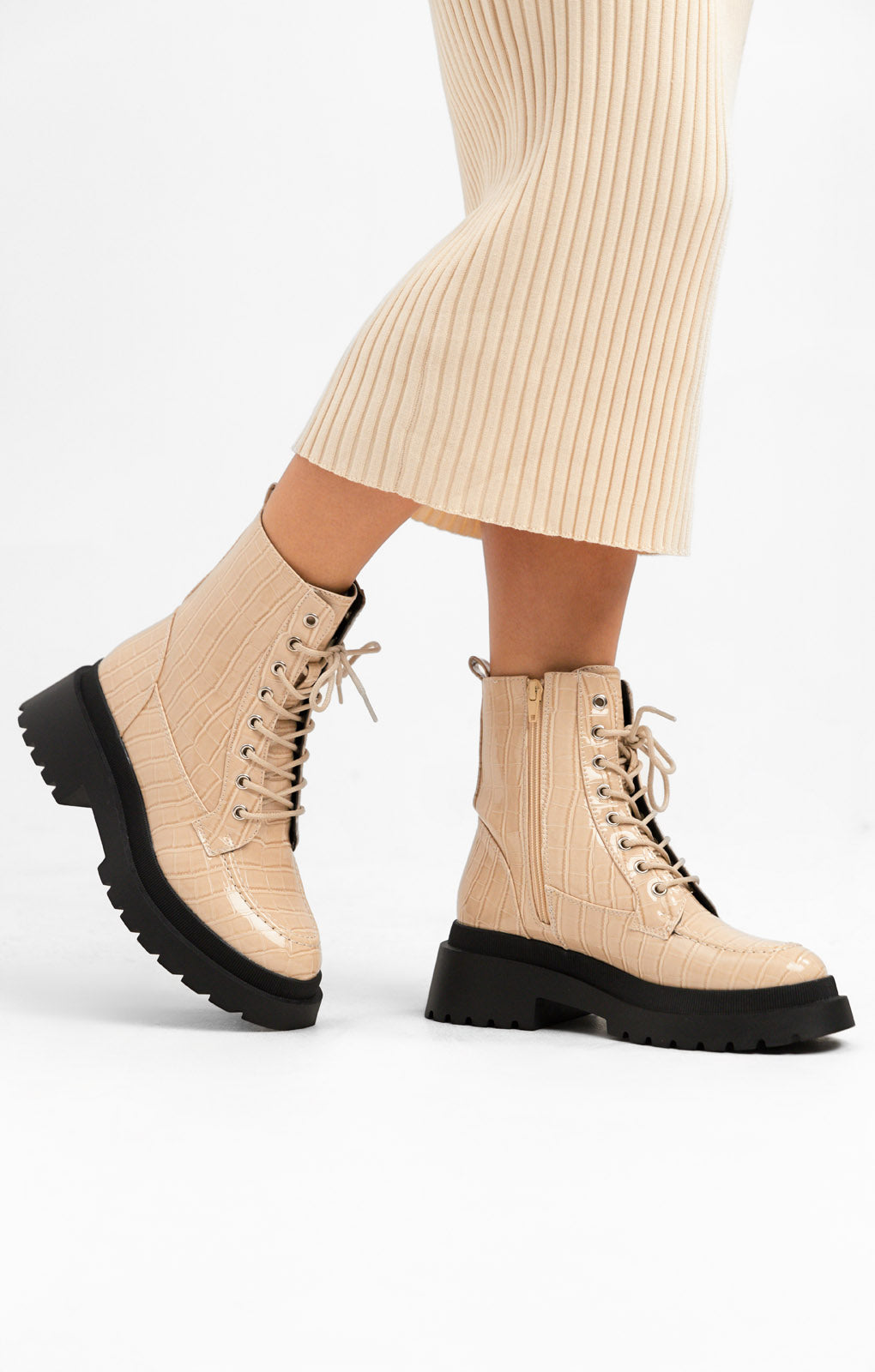 Rent Topshop Off white Chunky Croc Lace Up Boot Hirestreet