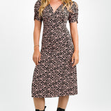 Topshop Tie Back Ditsy Midi Tea Dress In Pink And Black