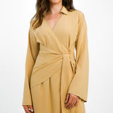 Pretty Lavish Wrap Midi Shirt Dress In Camel